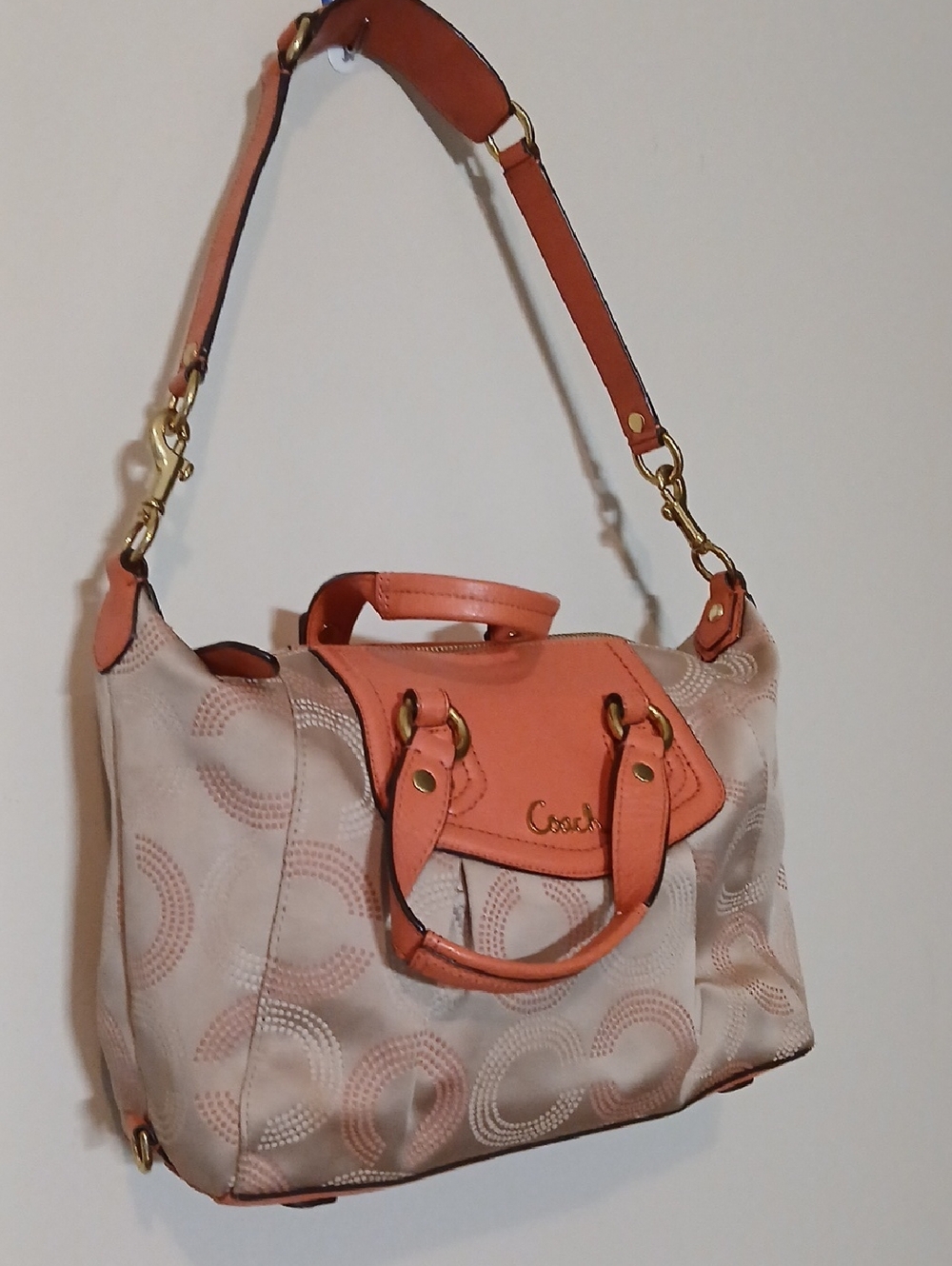 Coach Beige Canvas Satchel with Coral Trim